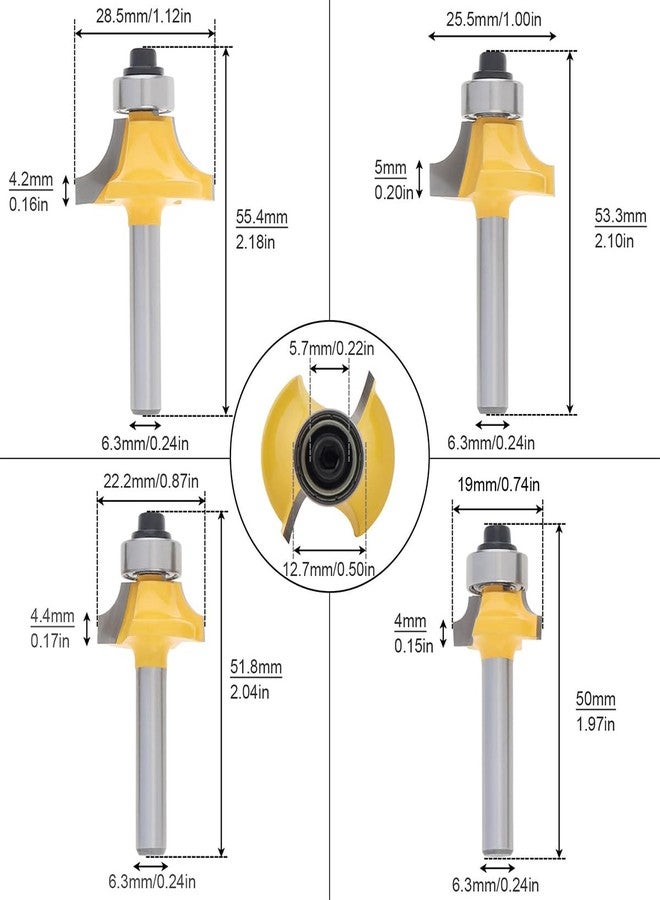 Serplex مجموعة رؤوس راوتر سيربلكس® 4 قطع لأعمال النجارة، ساق 6 مم، خيارات متعددة لنصف القطر (1/8 بوصة، 1/4 بوصة، 3/16 بوصة، 5/16 بوصة)، فولاذ التنجستن المتين لقطع سلسة ونظيفة على الخشب الصلب واللين والخشب الرقائقي - Image 2
